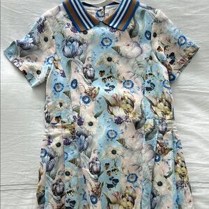 Floral Collared Dress with Blue and Yellow Accents